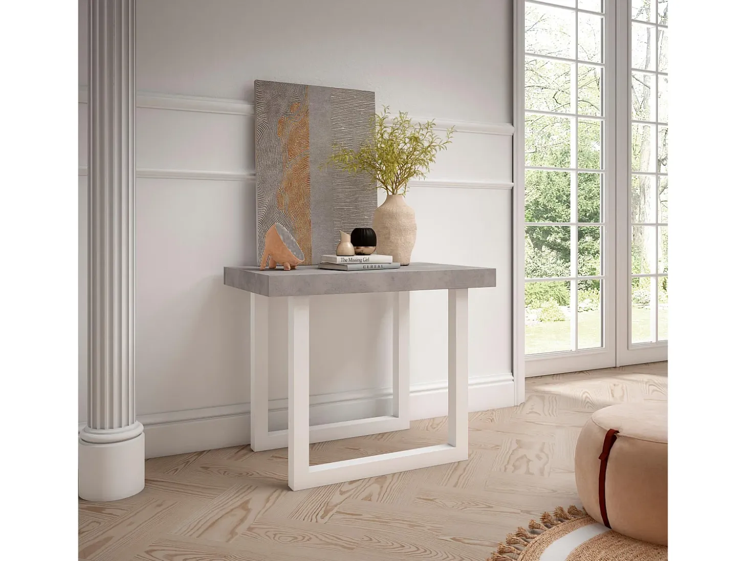 Mesa Consola Extensível, 302x90x73cm, Para 14 pessoas, Pés de madeira, Cimento