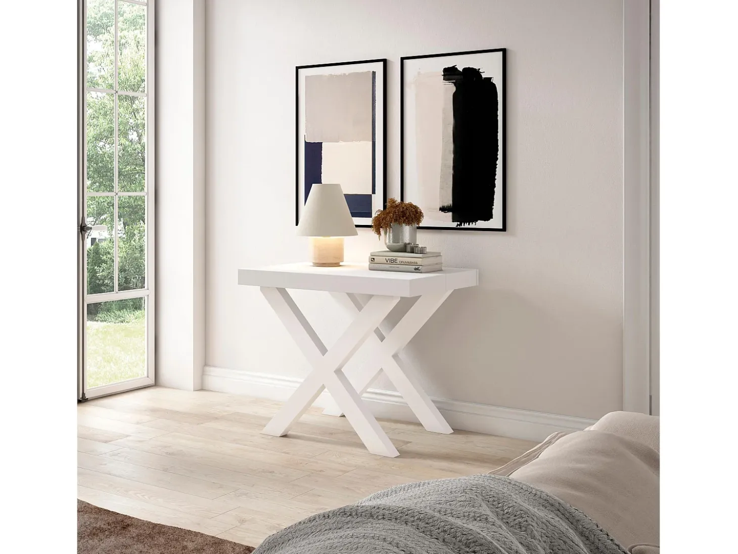Mesa Consola Extensível, 222x90x73cm, Para 10 pessoas, Pés de madeira, Branco