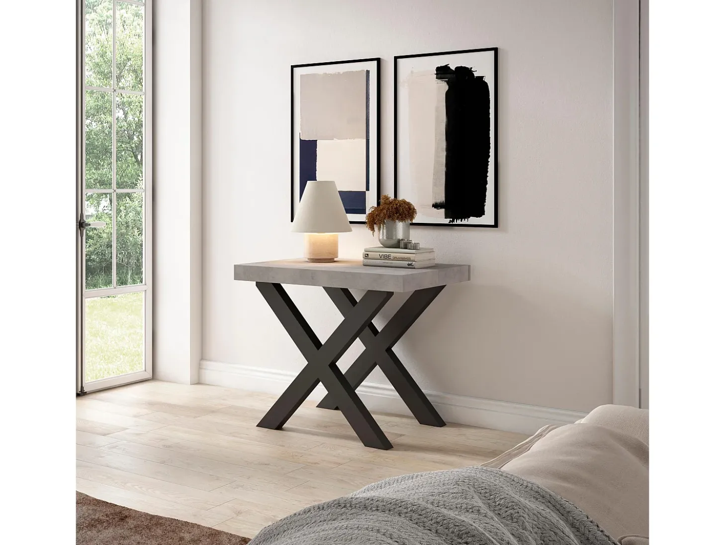 Mesa Consola Extensível, 302x90x73cm, Para 14 pessoas, Pés de madeira, Cimento