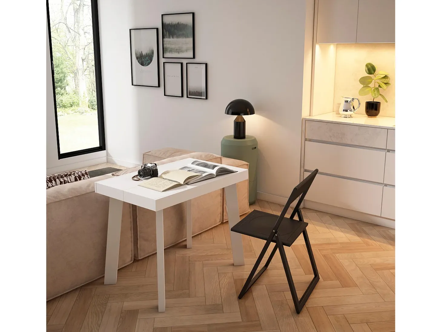 Mesa Consola Extensível, 262x90x73cm, Para 12 pessoas, Pés de madeira, Carvahlo e branco