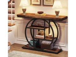 Mesa consola industrial de 41,5" com 4 níveis e base circular, mesas laterais estreitas de madeira com prateleiras de arrumação para sala de estar, corredor, hall de entrada, castanho rústico