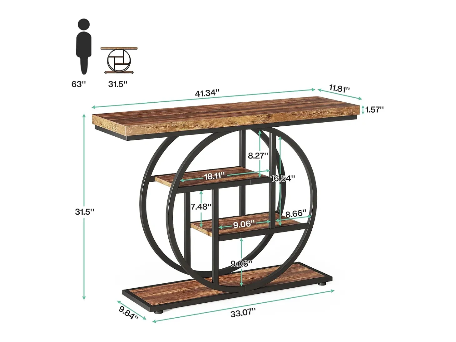 Mesa consola industrial de 41,5" com 4 níveis e base circular, mesas laterais estreitas de madeira com prateleiras de arrumação para sala de estar, corredor, hall de entrada, castanho rústico