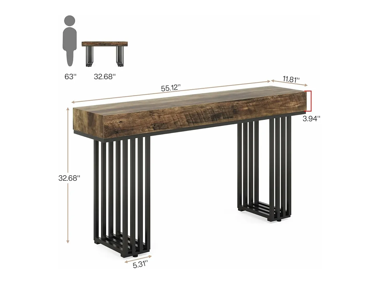 Mesa consola para entrada, mesa consola para entrada no corredor com estrutura metálica em estilo industrial elegante, mesa consola de madeira para sala de estar, entrada, corredor (140 cm, castanho)