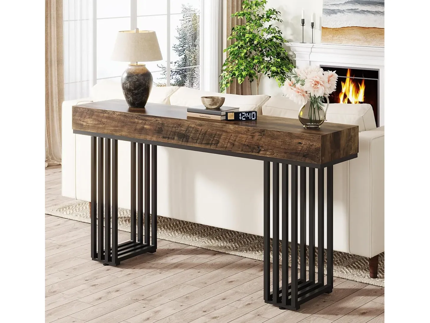 Mesa consola para entrada, mesa consola para entrada no corredor com estrutura metálica em estilo industrial elegante, mesa consola de madeira para sala de estar, entrada, corredor (140 cm, castanho)