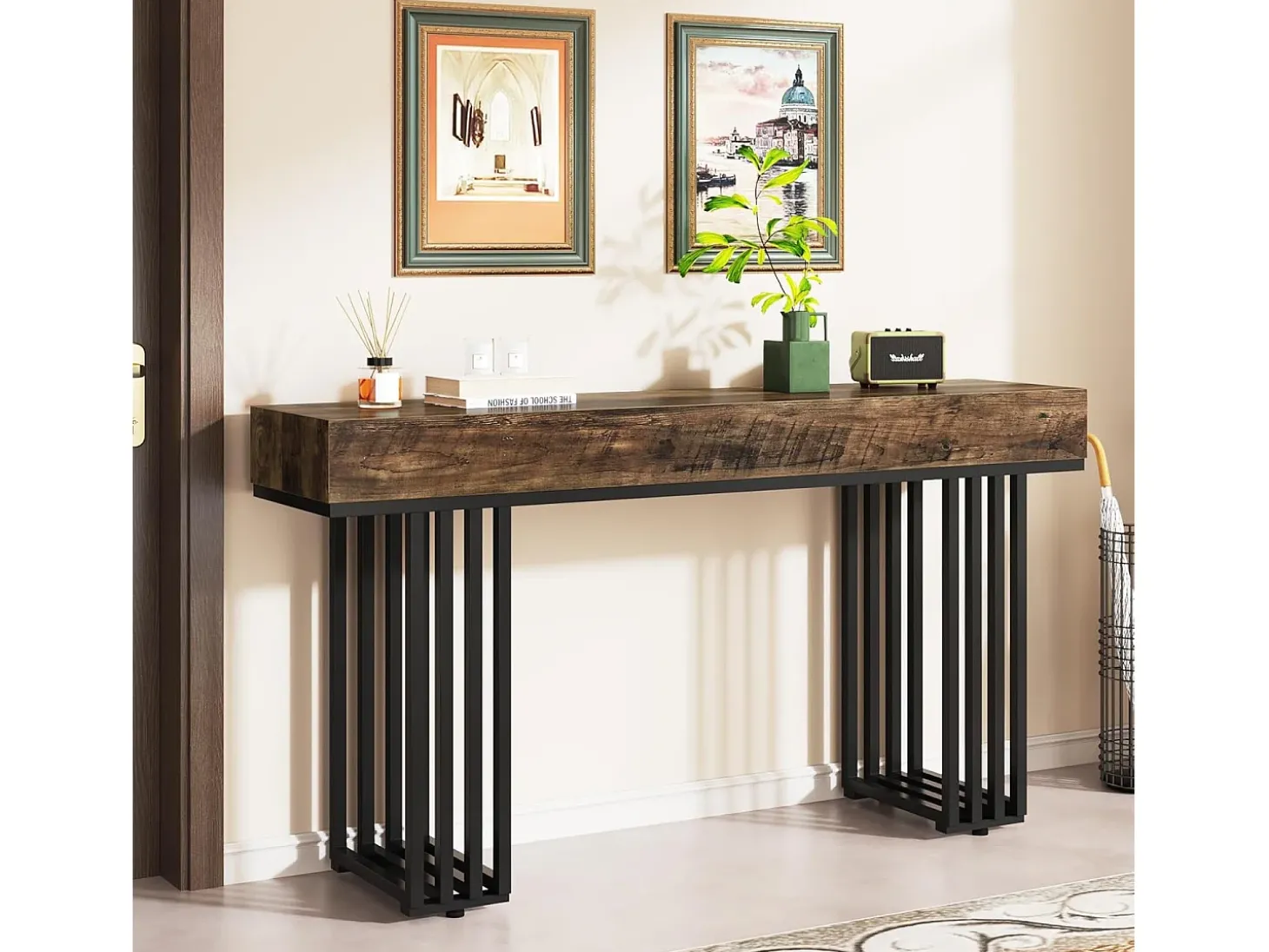 Mesa consola para entrada, mesa consola para entrada no corredor com estrutura metálica em estilo industrial elegante, mesa consola de madeira para sala de estar, entrada, corredor (140 cm, castanho)