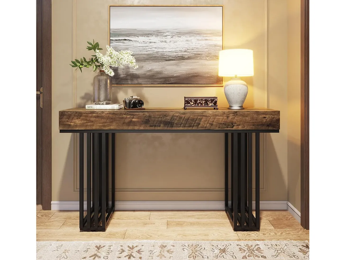 Mesa consola para entrada, mesa consola para entrada no corredor com estrutura metálica em estilo industrial elegante, mesa consola de madeira para sala de estar, entrada, corredor (140 cm, castanho)