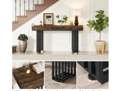Mesa consola para entrada, mesa consola para entrada no corredor com estrutura metálica em estilo industrial elegante, mesa consola de madeira para sala de estar, entrada, corredor (140 cm, castanho)