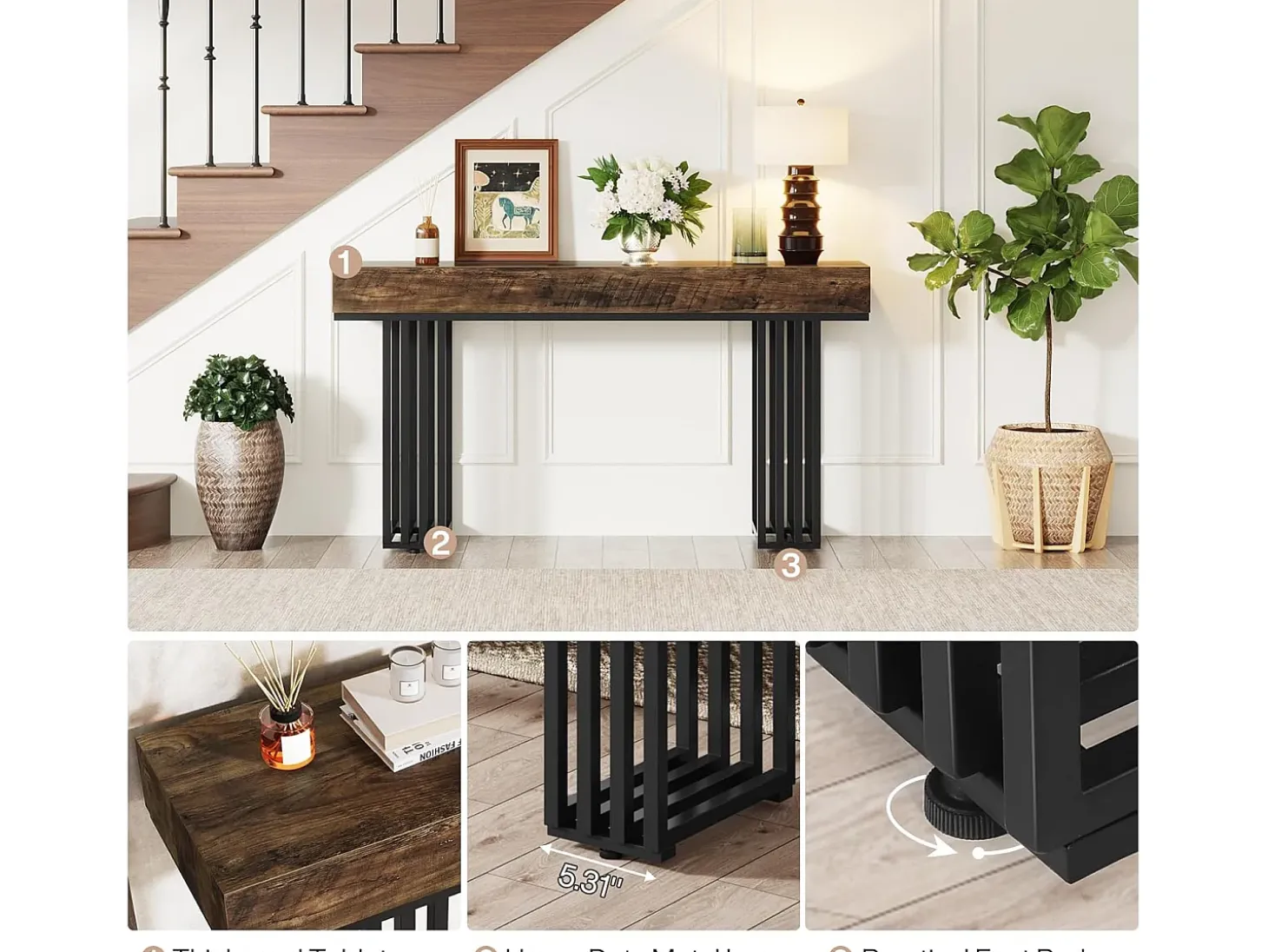 Mesa consola para entrada, mesa consola para entrada no corredor com estrutura metálica em estilo industrial elegante, mesa consola de madeira para sala de estar, entrada, corredor (140 cm, castanho)