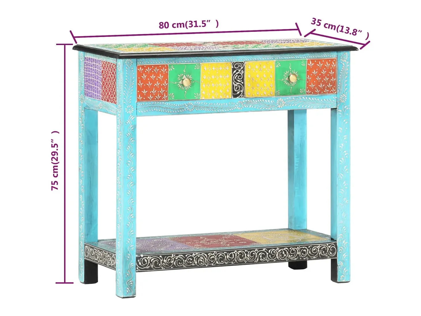 Mesa consola pintada à mão 80x35x75 cm mangueira maciça