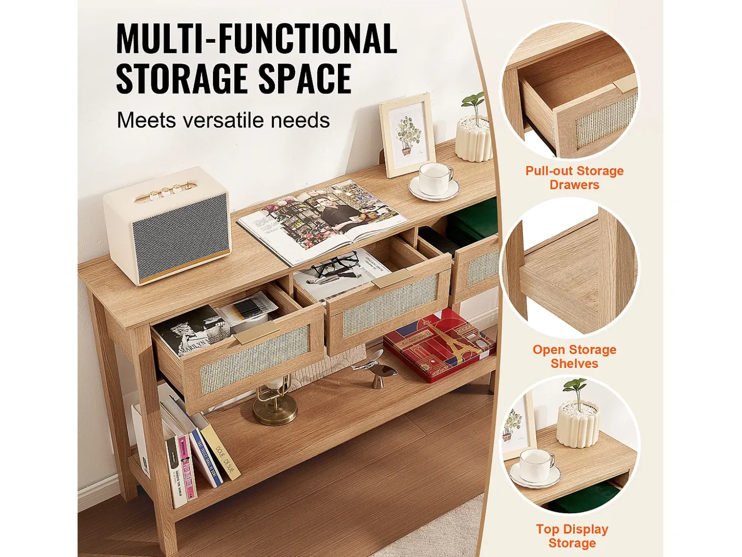 Mesa Consola SucceBuy Routine com 3 Gavetas e porta de Correr, Acabamento Natural
