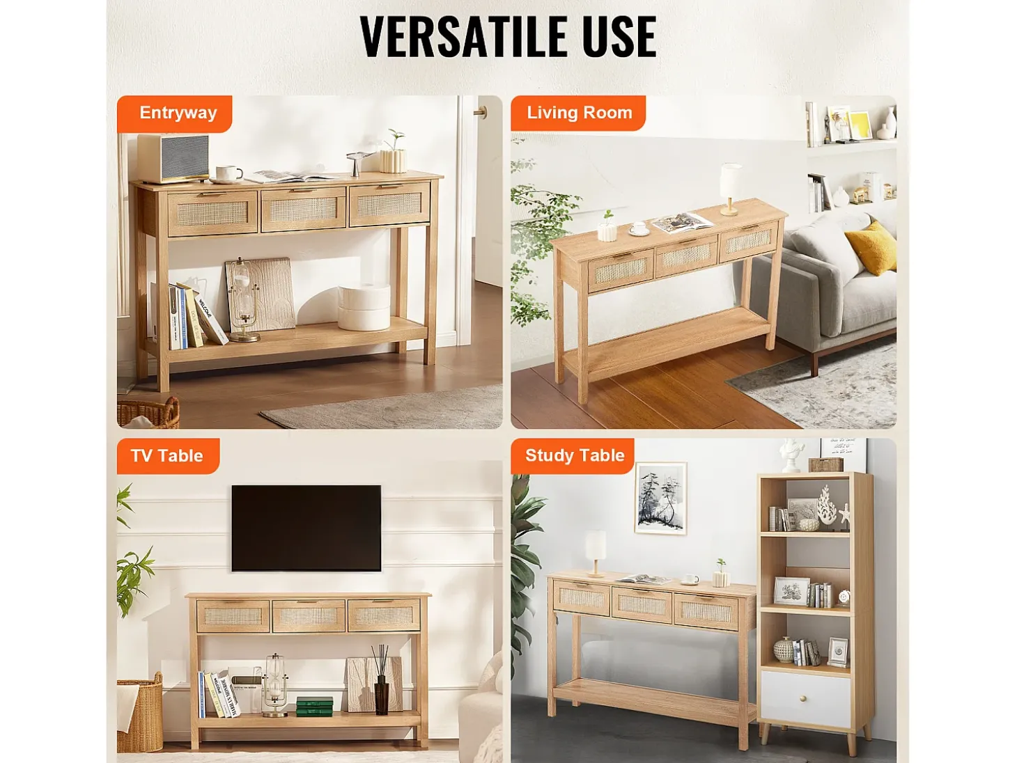 Mesa Consola SucceBuy Routine com 3 Gavetas e porta de Correr, Acabamento Natural