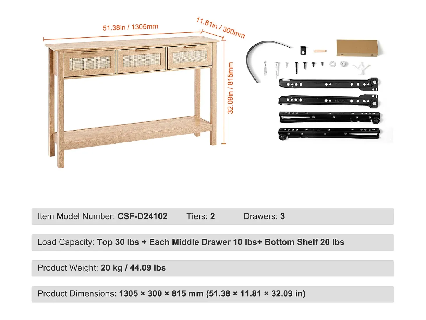 Mesa Consola SucceBuy Routine com 3 Gavetas e porta de Correr, Acabamento Natural
