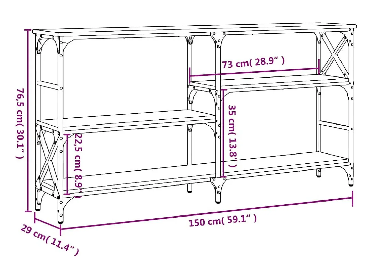 Mesa consola 150x29x76,5 cm derivados madeira carvalho fumado