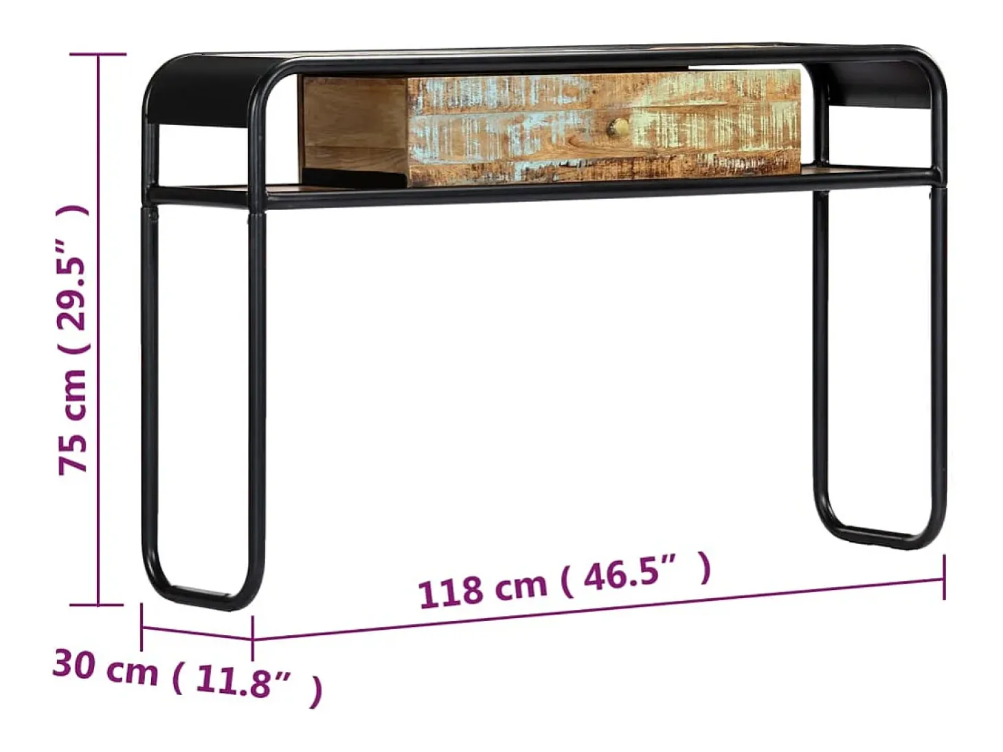 Mesa consola 118x30x75 cm madeira recuperada maciça