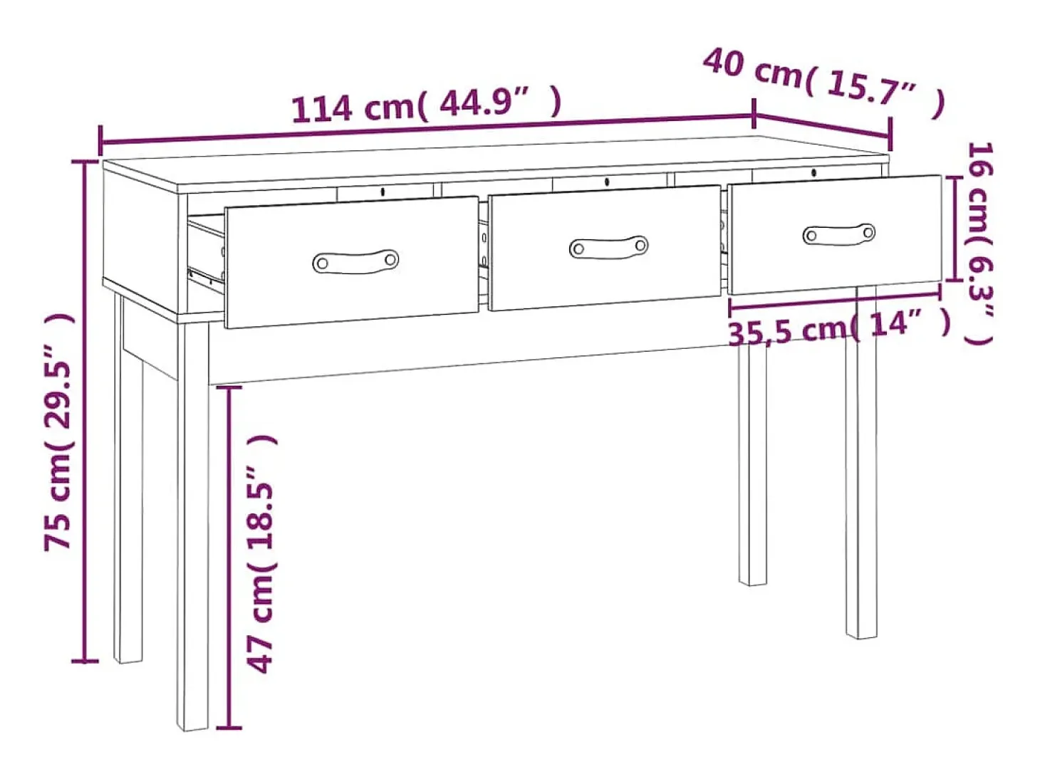 Mesa consola 114x40x75 cm madeira de pinho maciço