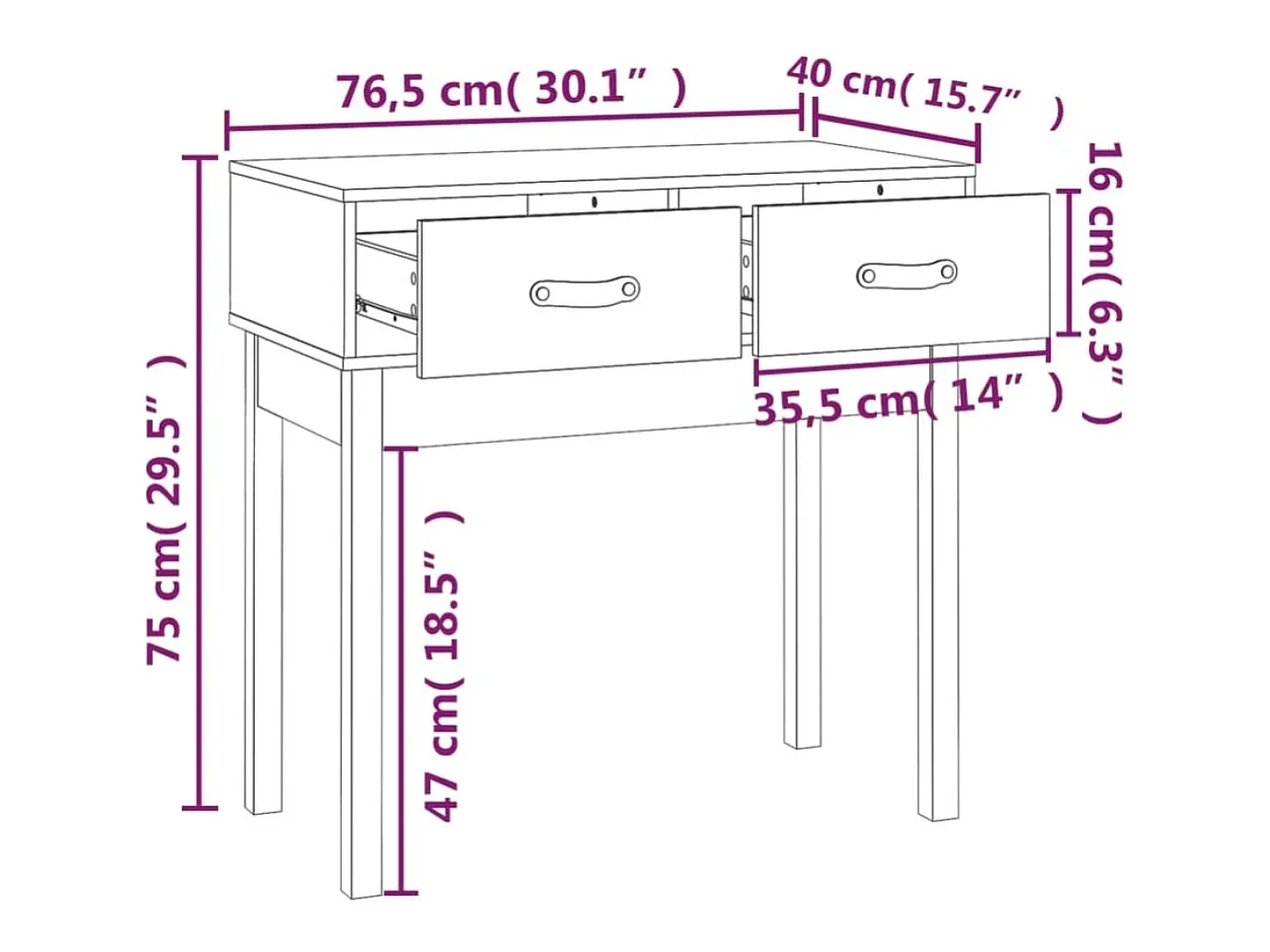 Mesa consola 76,5x40x75 cm madeira de pinho maciça castanho mel
