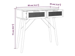 Mesa consola 80x30x75 cm pinho maciço e vime natural castanho