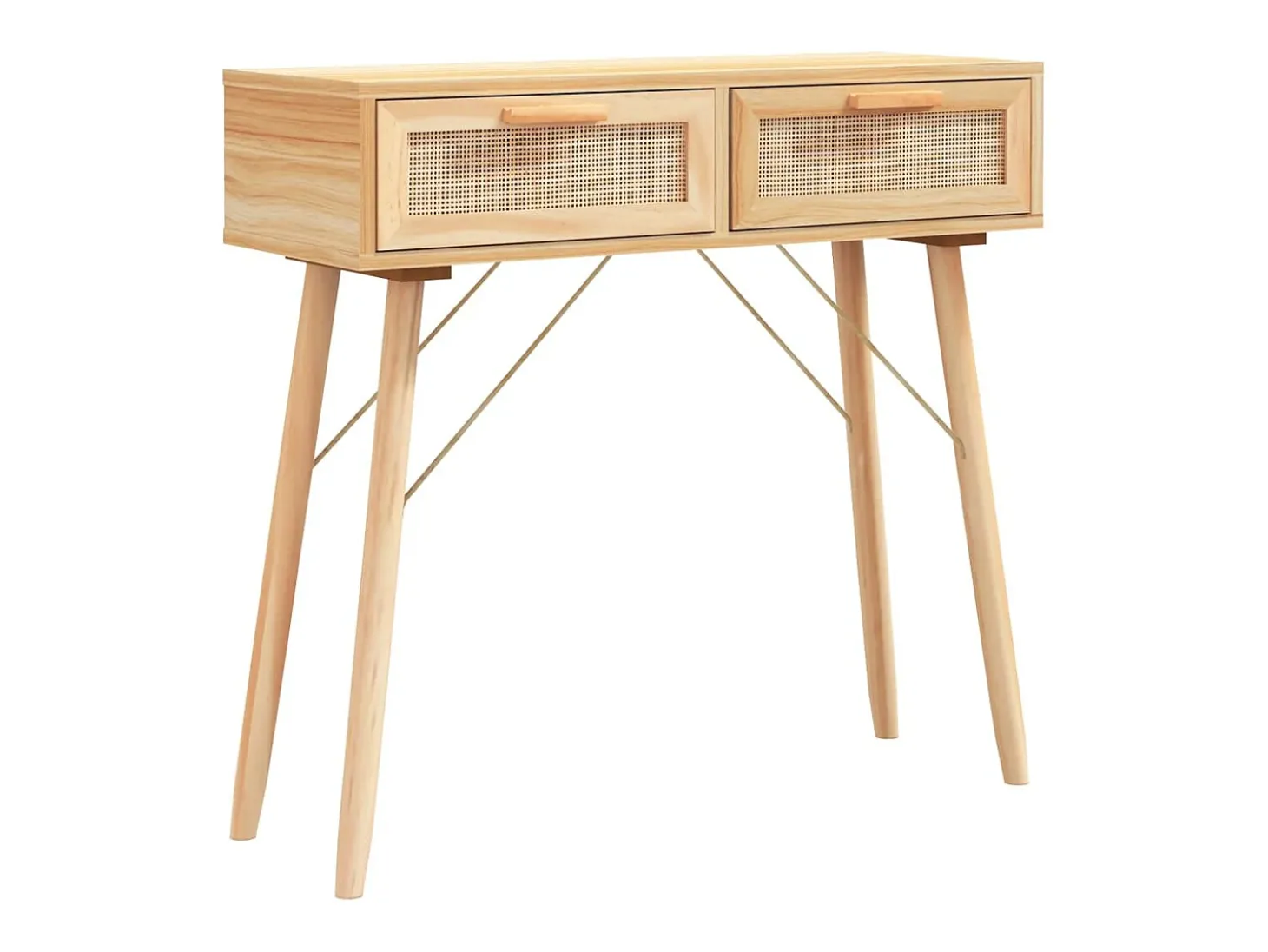 Mesa consola 80x30x75 cm pinho maciço e vime natural castanho