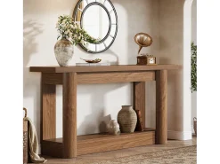 Mesa console de 160 cm, com dois níveis de comprimento, mesa de corredor com armazenamento, marrom rústico