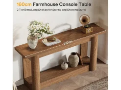 Mesa console de 160 cm, com dois níveis de comprimento, mesa de corredor com armazenamento, marrom rústico