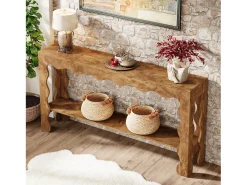 Mesa console de 160 cm, mesa de entrada estreita com dois níveis e pés franjados