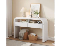 Mesa console 120x35,5x76,5cm - con 2 gavetas - Cantos arredondados - prateleiras abertas - MDF - Branco