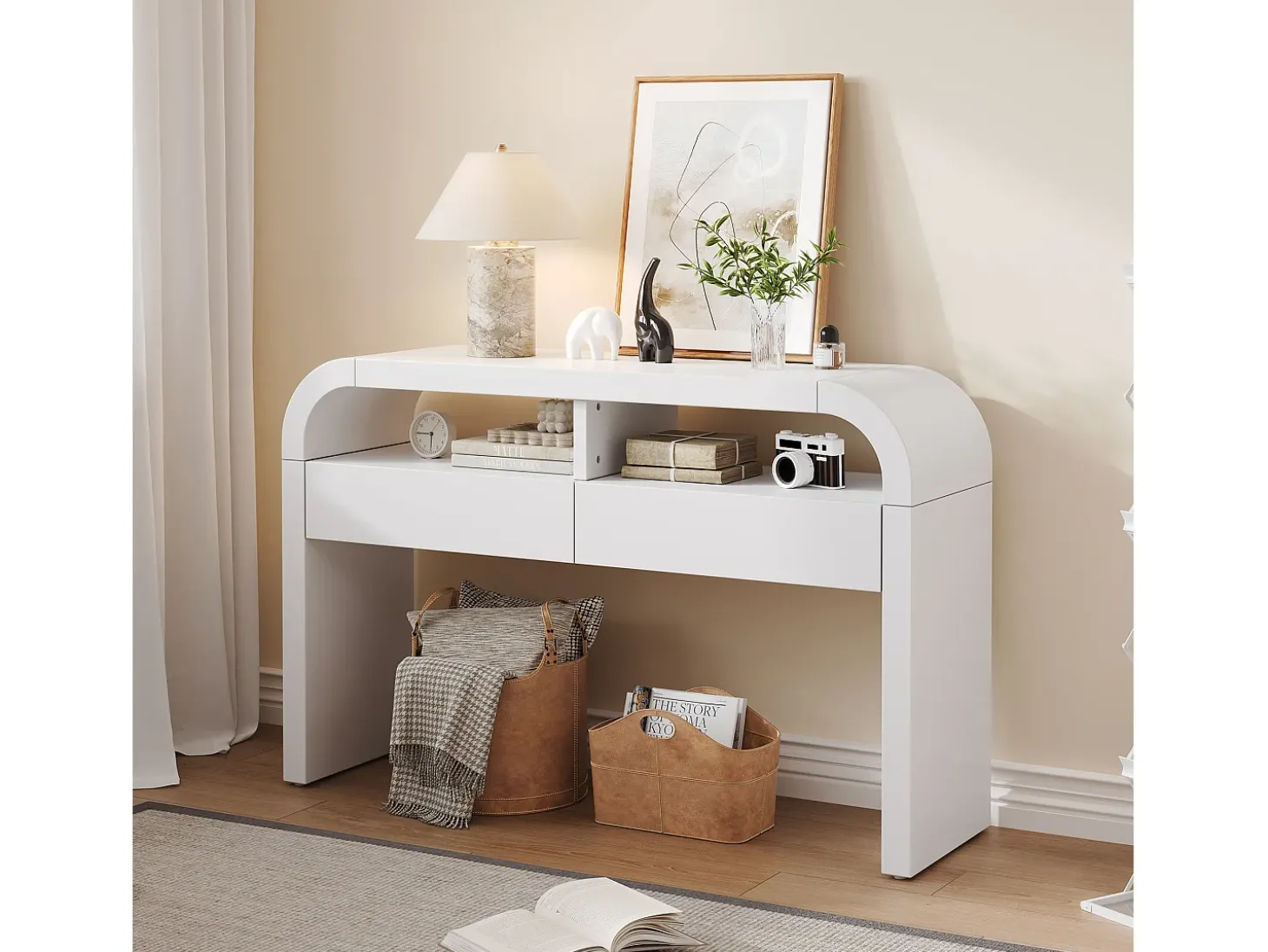 Mesa console 120x35,5x76,5cm - con 2 gavetas - Cantos arredondados - prateleiras abertas - MDF - Branco