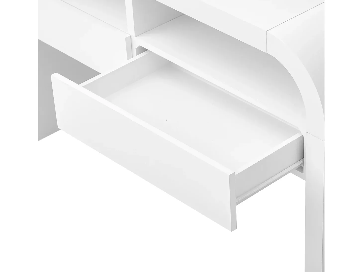 Mesa console 120x35,5x76,5cm - con 2 gavetas - Cantos arredondados - prateleiras abertas - MDF - Branco