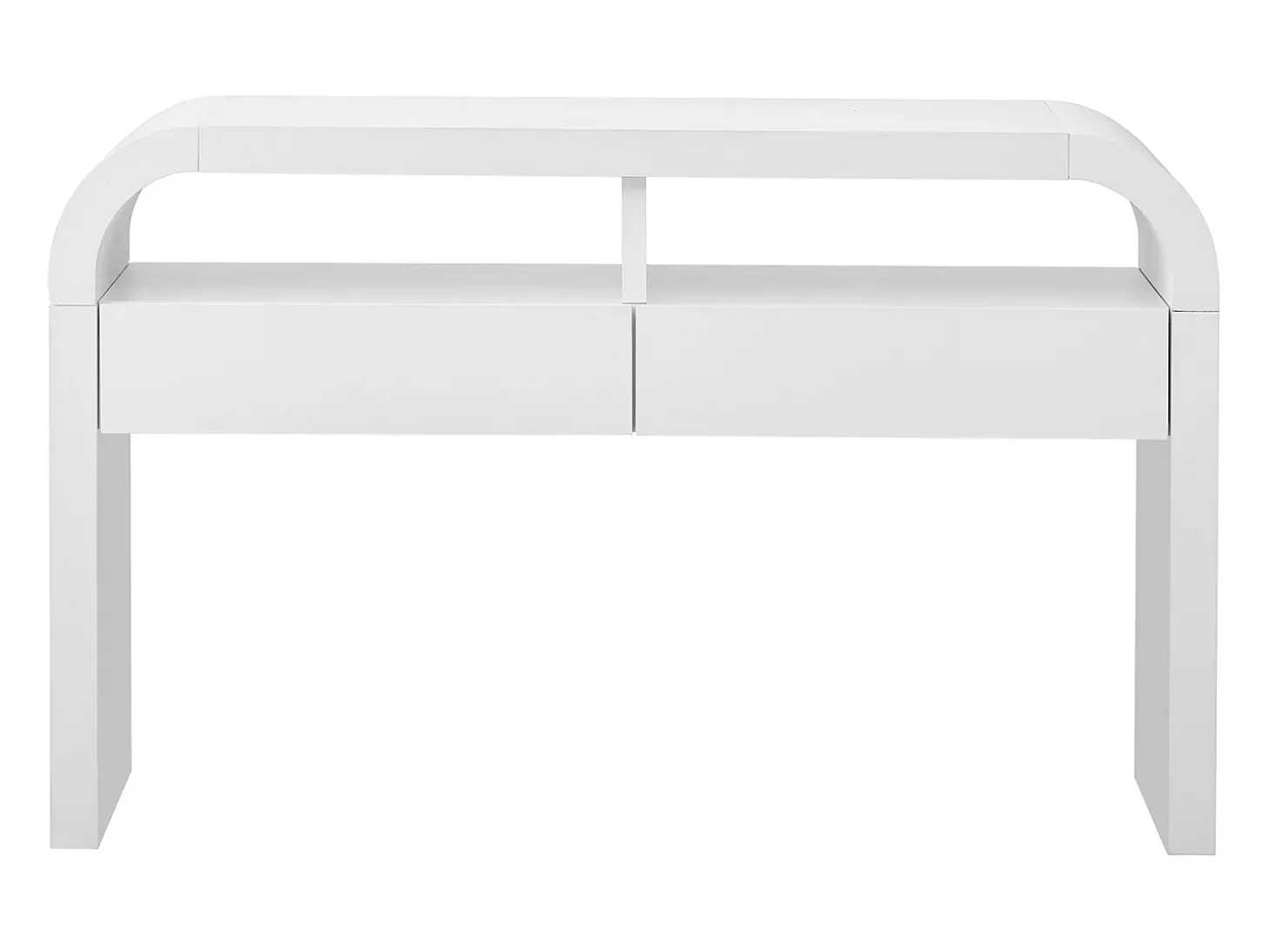 Mesa console 120x35,5x76,5cm - con 2 gavetas - Cantos arredondados - prateleiras abertas - MDF - Branco