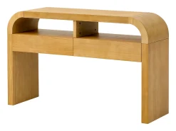 Mesa console 120x35,5x76,5cm - con 2 gavetas - Cantos arredondados - prateleiras abertas - MDF - Natural
