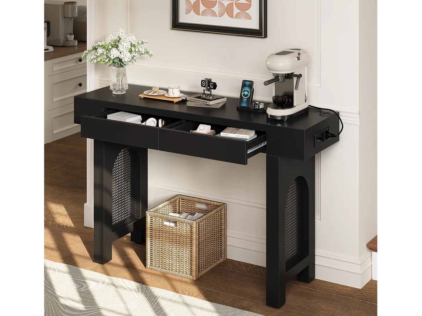 Mesa console 120x35,5x76,5cm - con 2 gavetas - con tomada de corrente - MDF - Preto