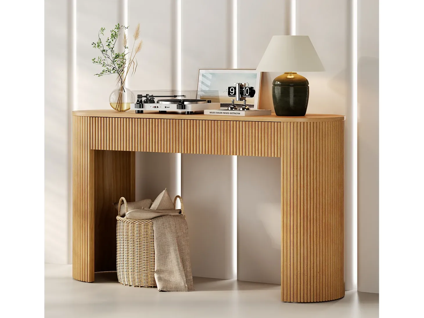 Mesa console 120x33x76cm - con 2 gavetas - Cantos arredondados - MDF - Natural