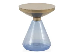 Mesa de apoio com base de vidro azul e tampo de metal dourado