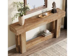 Mesa de apoio de 160 cm, Mesa de entrada de dois andares, mesa auxiliar retangular de madeira para trás do sofá