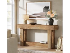 Mesa de apoio de 160 cm, Mesa de entrada de dois andares, mesa auxiliar retangular de madeira para trás do sofá