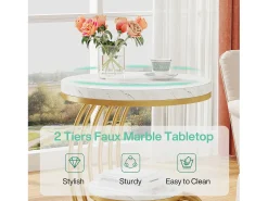 Mesa de apoio em mármore artificial de dois andares, Mesa de cabeceira moderna em ouro branco com moldura em forma de arco em metal para sala (1 unidade)