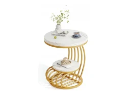 Mesa de apoio em mármore artificial de dois andares, Mesa de cabeceira moderna em ouro branco com moldura em forma de arco em metal para sala (1 unidade)