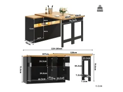 Mesa de bar extensível - 120/180 x 75,8 cm - com LEDs + 3 portas - rotação 360° - MDF - preta