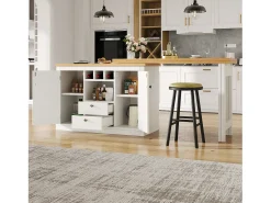 Mesa de bar extensível - 120/180 x 76 cm - com LEDs + 2 portas + 2 gavetas - rotação 360° - MDF - branco