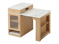 Mesa de bar extensível com tampo removível - 80 x 71/111/151 x 92 cm - com porta + gaveta - MDF + vidro - cor natural