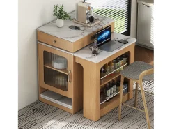 Mesa de bar extensível com tampo removível - 80 x 71/111/151 x 92 cm - com porta + gaveta - MDF + vidro - cor natural