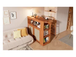 Mesa de bar extensível com trama de rattan, prateleiras ajustáveis e espaço de armazenamento (138-193x39x104cm)