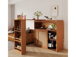 Mesa de bar extensível com trama de rattan, prateleiras ajustáveis e espaço de armazenamento (138-193x39x104cm)