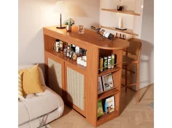 Mesa de bar extensível com trama de rattan, prateleiras ajustáveis e espaço de armazenamento (138-193x39x104cm)