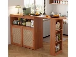 Mesa de bar extensível com trama de rattan, prateleiras ajustáveis e espaço de armazenamento (138-193x39x104cm)