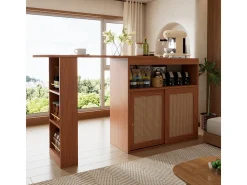Mesa de bar extensível com trama de rattan, prateleiras ajustáveis e espaço de armazenamento (138-193x39x104cm)