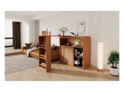 Mesa de bar extensível com trama de rattan, prateleiras ajustáveis e espaço de armazenamento (138-193x39x104cm)