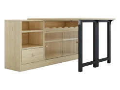 Mesa de bar extensível e rebatível, mesa de jantar com gaveta e 2 portas de vidro deslizantes, cor natural.