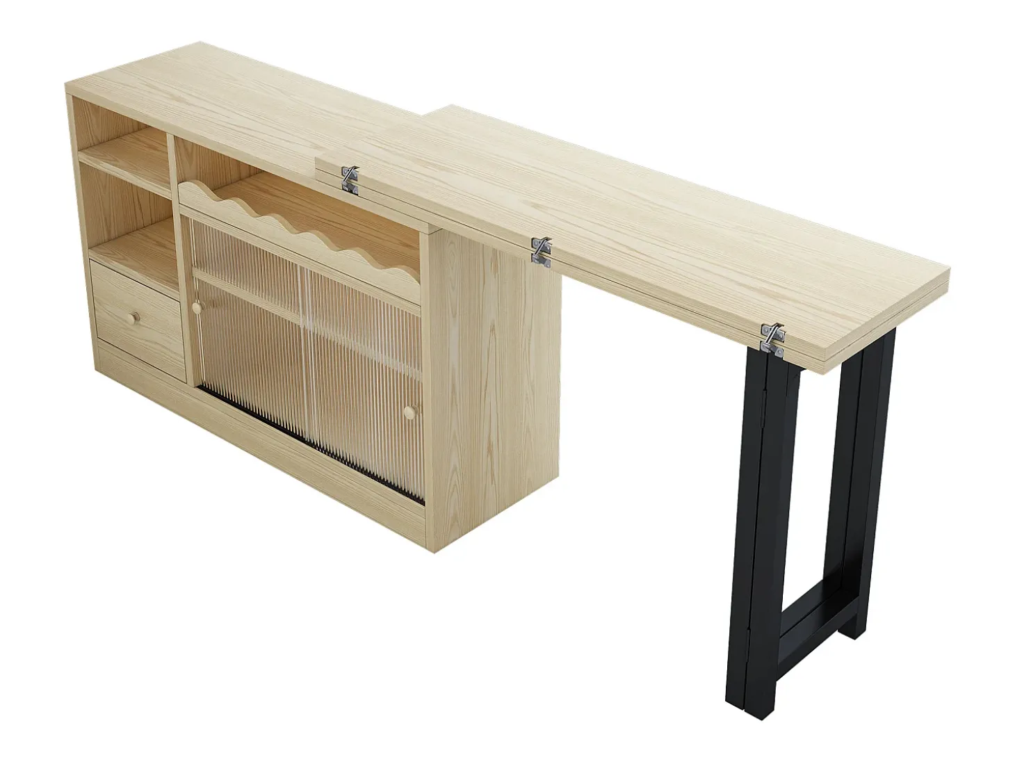 Mesa de bar extensível e rebatível, mesa de jantar com gaveta e 2 portas de vidro deslizantes, cor natural.