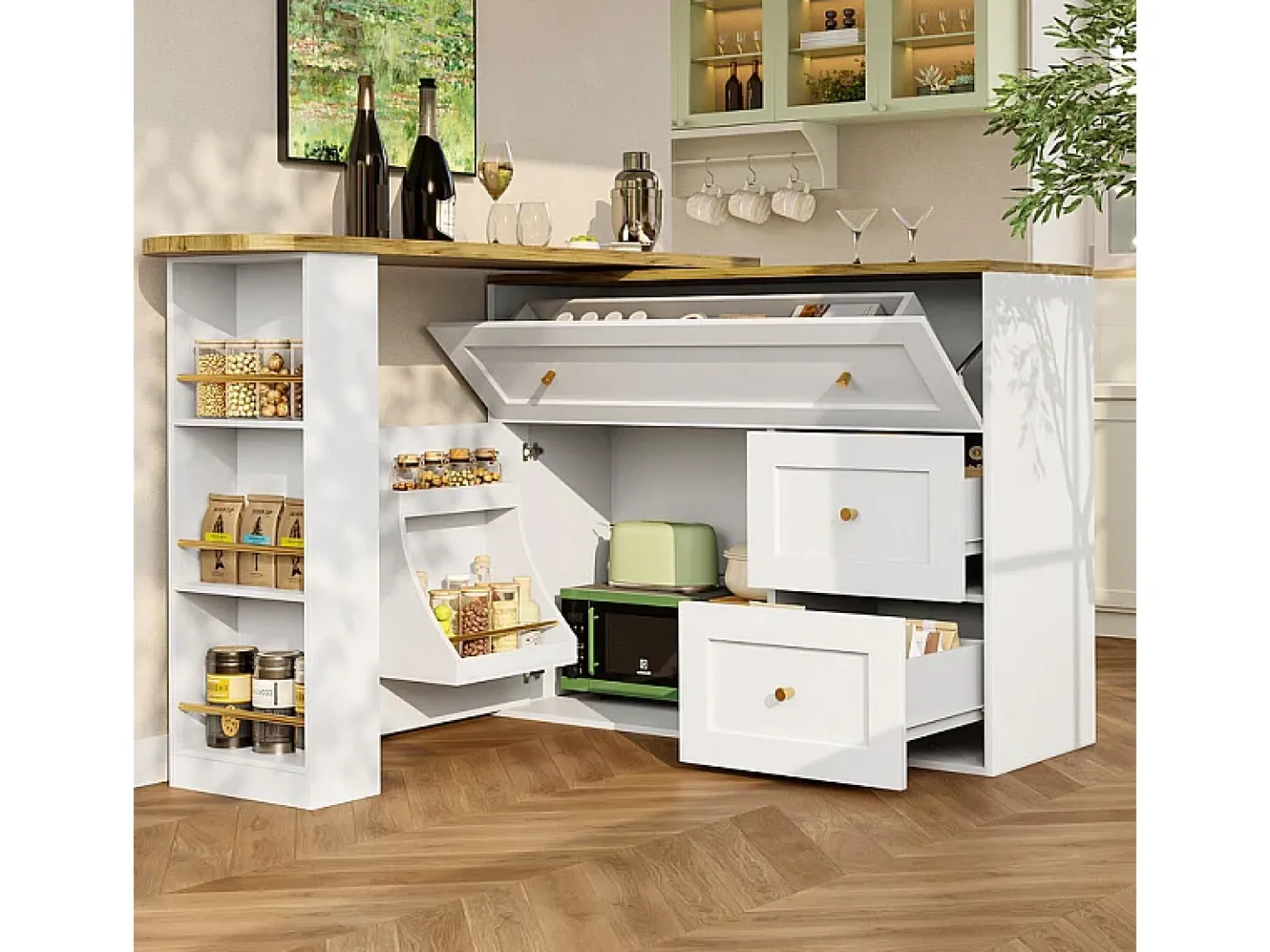 Mesa de Bar extensível giratória - com 2 portas, 2 gavetas e 3 nichos - MDF - 138/204×39×105cm - Branco
